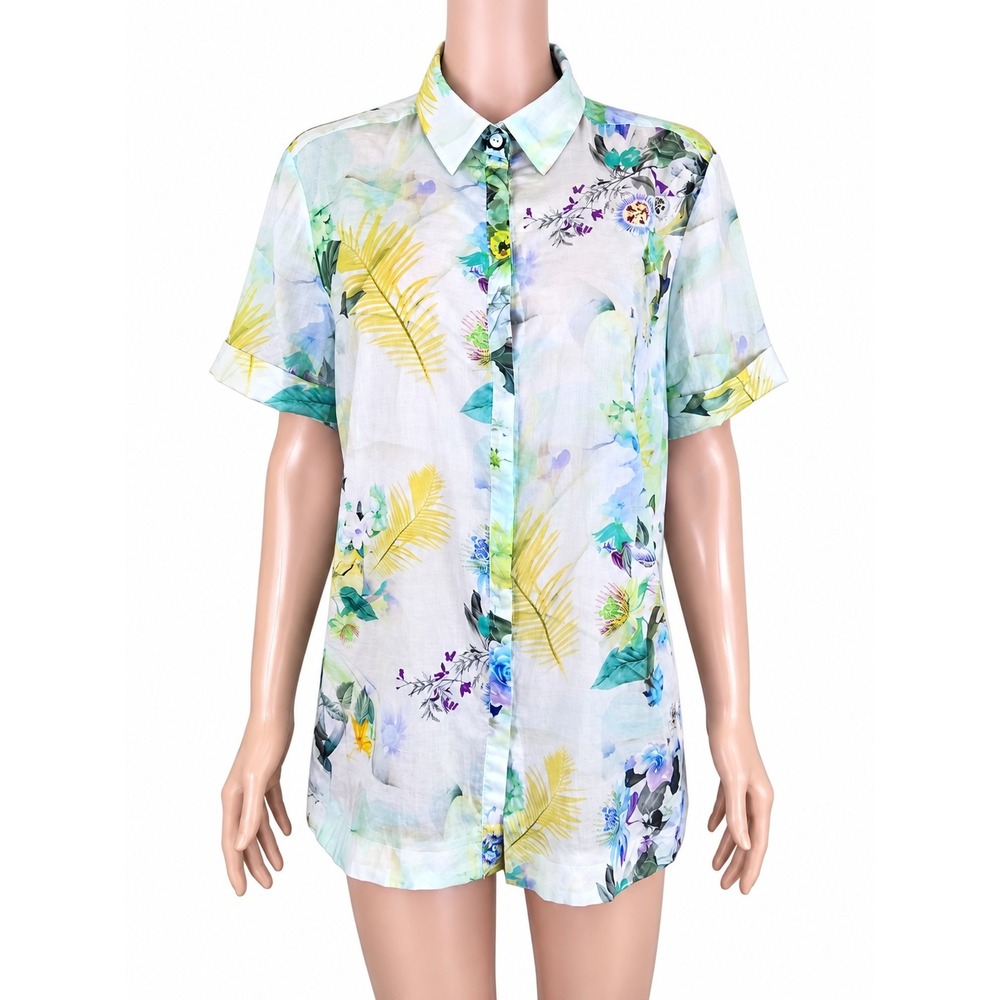 Elena Miro Women's Size 10 Cotton Floral Botanical Button Down Tunic Shirt